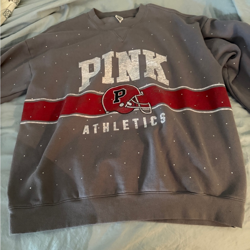PINK Victoria's Secret Gray & Red Crewneck Sweatshirt with tiny rhinestones